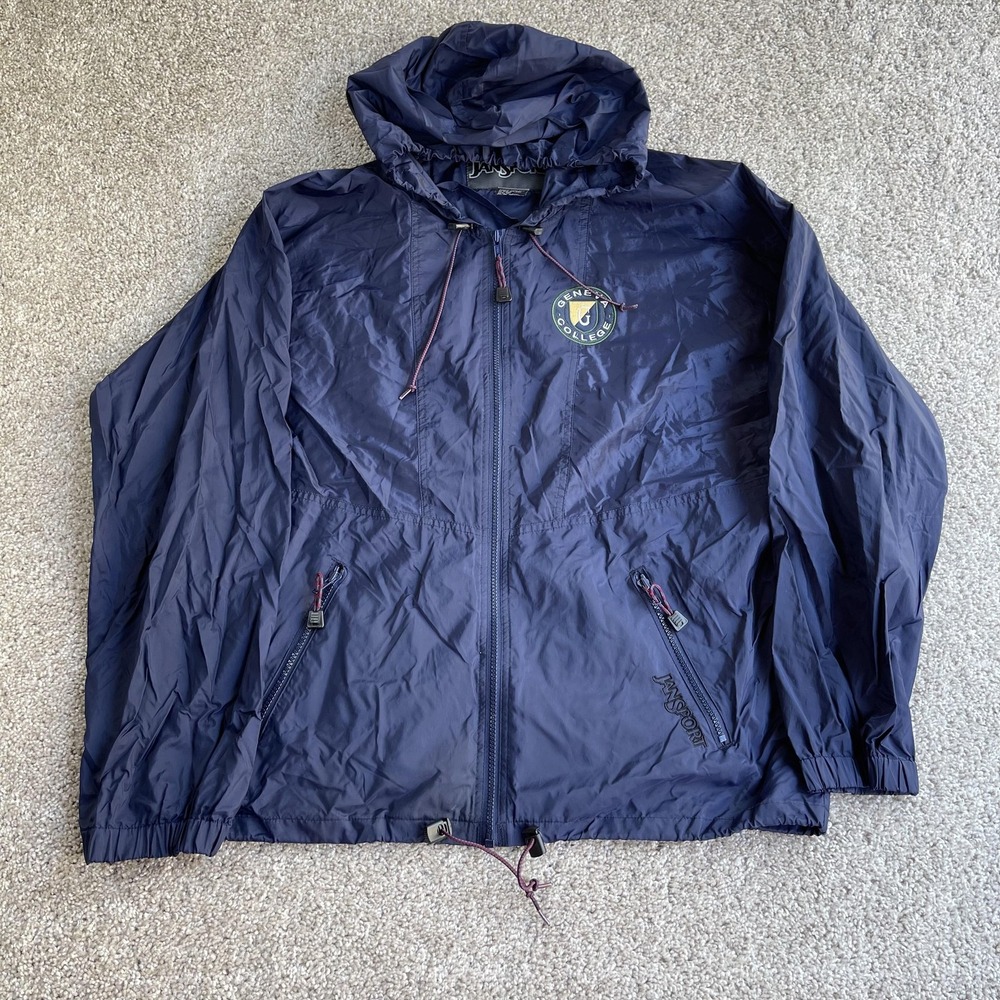 JanSport Windbreaker Jacket Mens Medium Blue Hooded Full Zip Geneva College